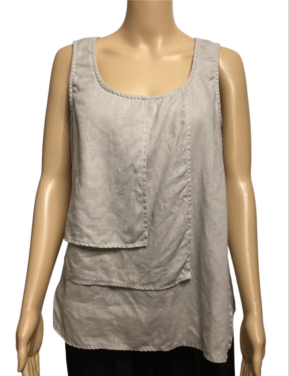 La Naturelle 100% Linen Asymmetric Tiered Layered Tank Top Grey Scoop Neck sz M